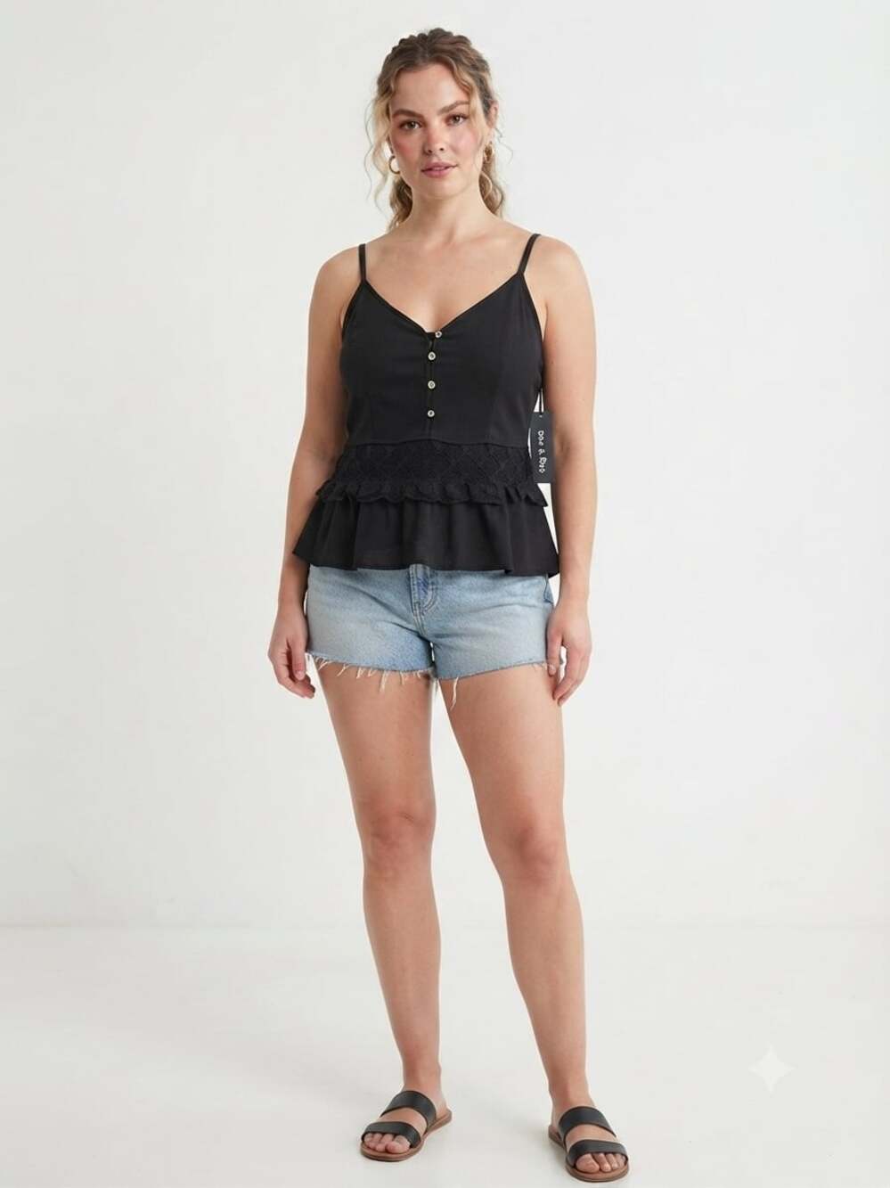Doe & Rae Women's Black Sleeveless Peplum Cami Top with Lace Waist Detail